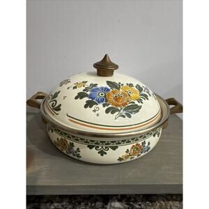 Vintage ASTA West Germany Enamel Casserole Pan Floral Brass Handles 8.5”